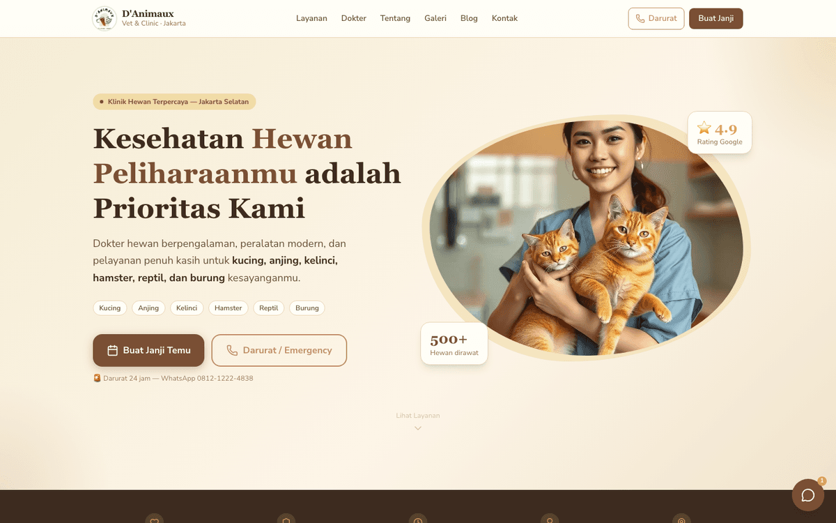 D'Animaux Vet & Clinic website